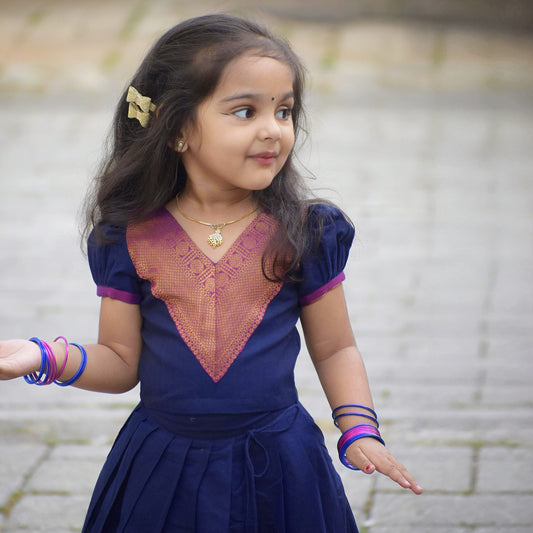 Navy Blue Zari Bordered Kanchi Cotton Skirt And Blouse