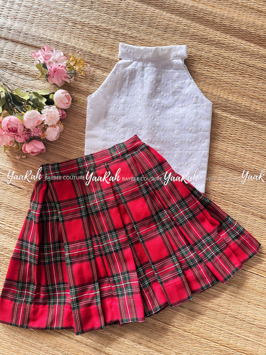 Hakoba Collar Crop Top And Tartan Skirt