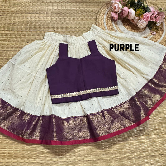Purple Silk Bordered Cotton Skirt And Semi Silk Blouse