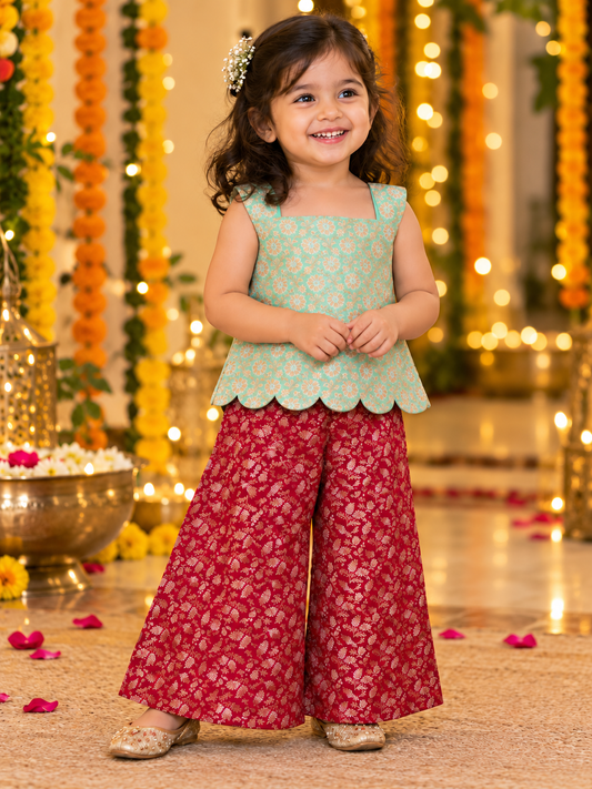 Green Banarsi Crop Top And Maroon Palazzo Pants