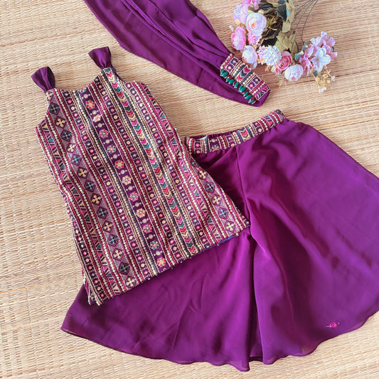 Purple Self Embroidered Kurta And Palazzo Pants