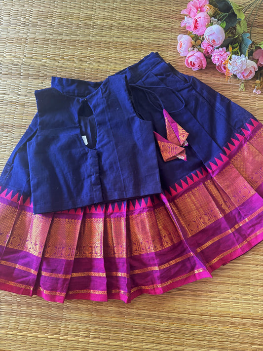 Navy Blue Zari Bordered Kanchi Cotton Skirt And Blouse With Double Border