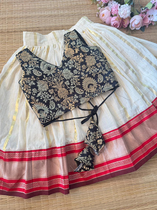 SEMI Silk Bordered Cotton Skirt And BANARSI Silk BLACK Blouse