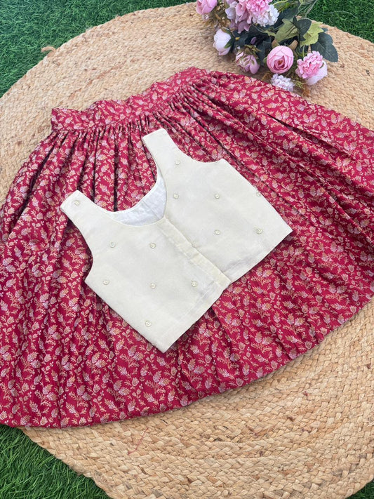 MAROON BANARSI SILK SKIRT AND BANARSI/VISCOUS TISSUE BLOUSE
