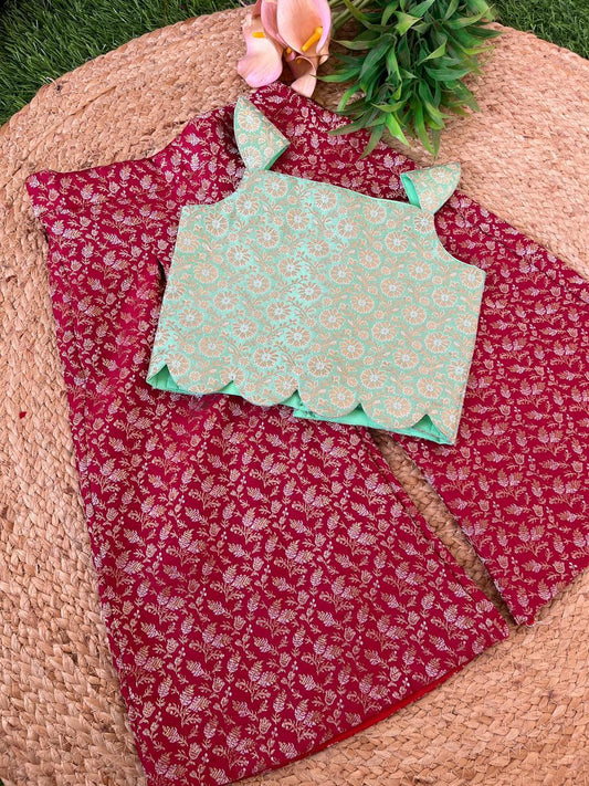 Green Banarsi Crop Top And Maroon Palazzo Pants