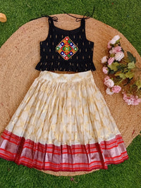 SEMI Silk Bordered Cotton Skirt And SLUB COTTON BLACK PEPPLUM Blouse