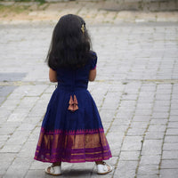 Navy Blue Zari Bordered Kanchi Cotton Skirt And  Blouse