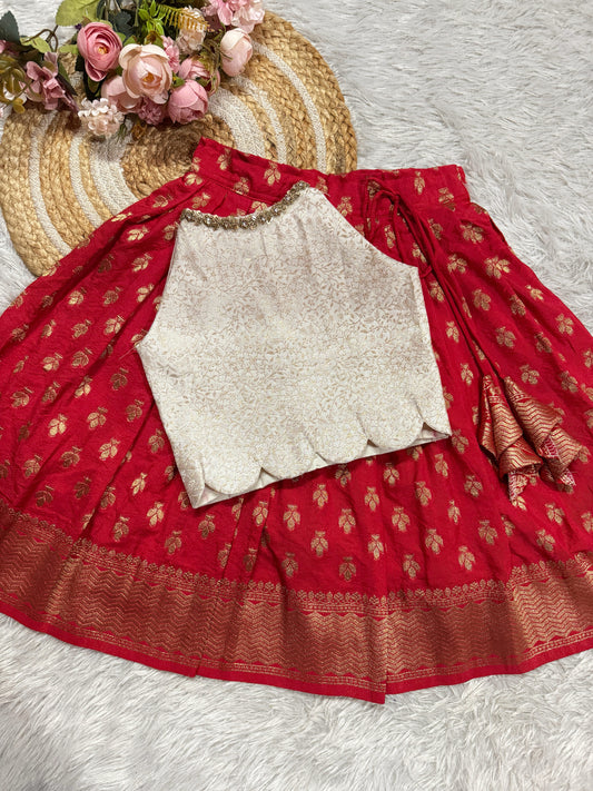 Red Semi Silk Skirt With Cream Banarsi Blouse