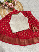 Red Semi Silk Skirt With Cream Banarsi Blouse