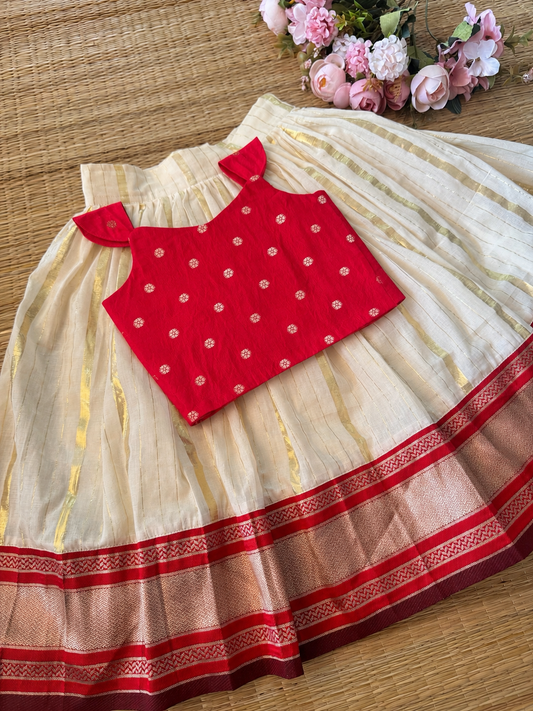 SEMI Silk Bordered Cotton Skirt And SLUB COTTON SILK Silk RED Blouse