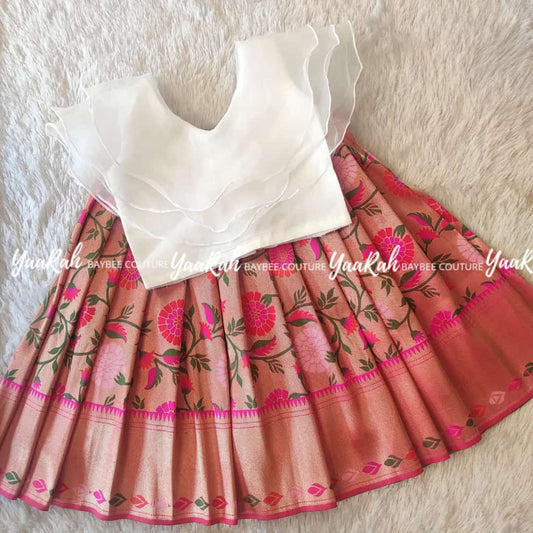 White Organza Ruffle Top & Pink Paithani Skirt