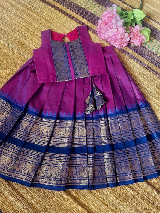 Thick Bordered Purple Kanchi Cotton Skirt And  Blouse