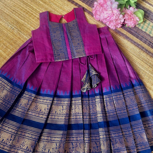 Thick Bordered Purple Kanchi Cotton Skirt And  Blouse