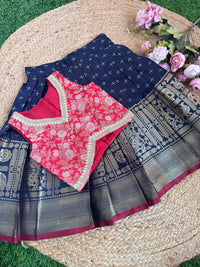 Navy Blue Kallana Skirt And V Neck/Halter Neck Banarsi Blouse : 8" Border Skirt