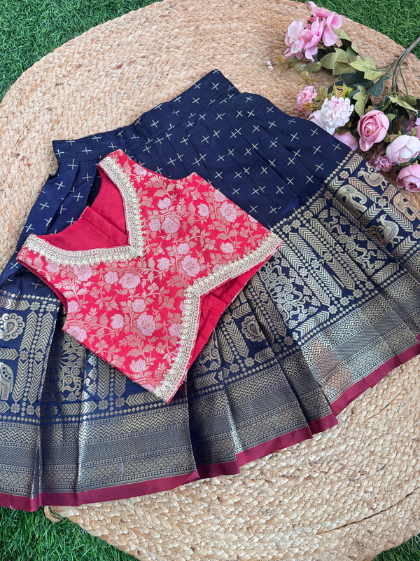Navy Blue Kallana Skirt And V Neck/Halter Neck Banarsi Blouse : 8" Border Skirt