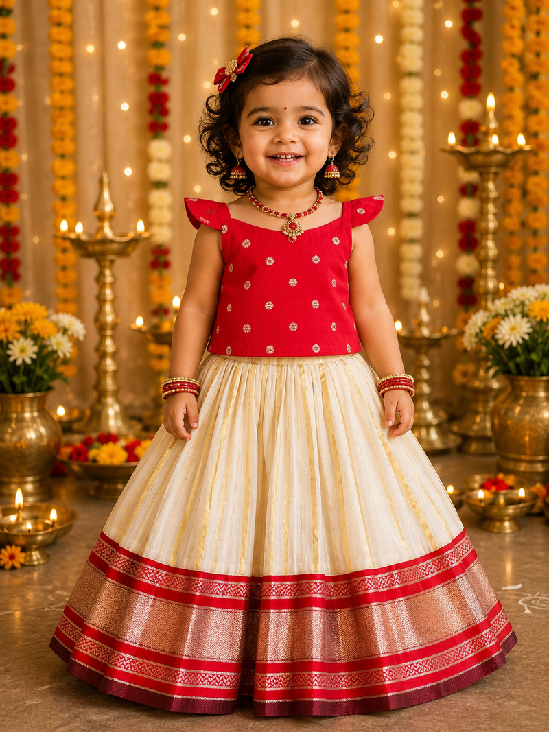 SEMI Silk Bordered Cotton Skirt And SLUB COTTON SILK Silk RED Blouse
