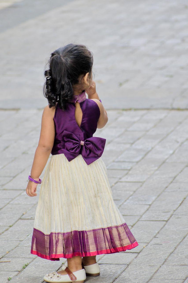 Silk Bordered Cotton Skirt And Purple Semi Silk Blouse