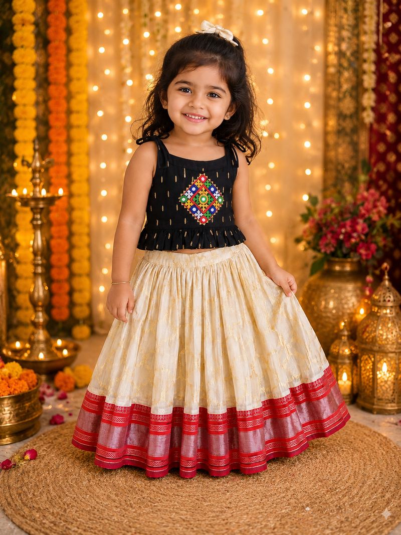 SEMI Silk Bordered Cotton Skirt And SLUB COTTON BLACK PEPPLUM Blouse