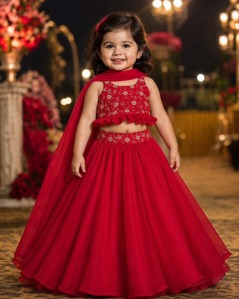 Sequen Embelished Georgette Crop Top & Umbrella Skirt