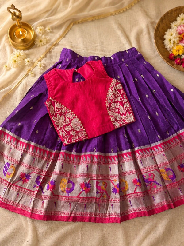 SEMI Silk Bordered Purple Slub Cotton  Skirt And SLUB COTTON Blouse - pocket is not included