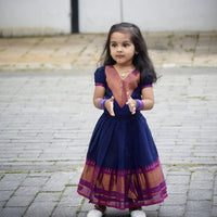 Navy Blue Zari Bordered Kanchi Cotton Skirt And  Blouse