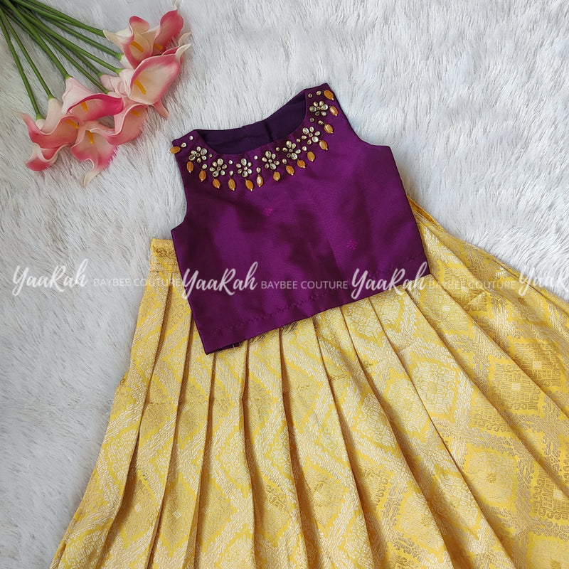 Yellow Banaarsi Skirt And Purple Blouse