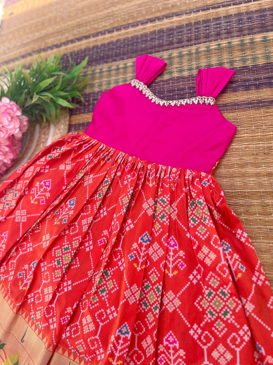 Orange Patola Silk Frock - Ankle Length