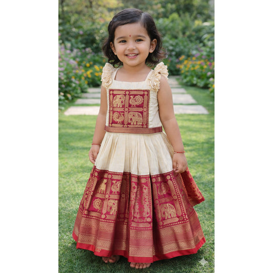 Lurex Cotton Tiny Butta Skirt With Pink Border And Cotton Blouse