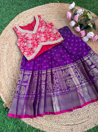 Navy Blue Kallana Skirt And V Neck/Halter Neck Banarsi Blouse : 8" Border Skirt