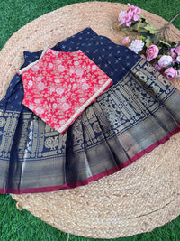 Navy Blue Kallana Skirt And V Neck/Halter Neck Banarsi Blouse : 8" Border Skirt