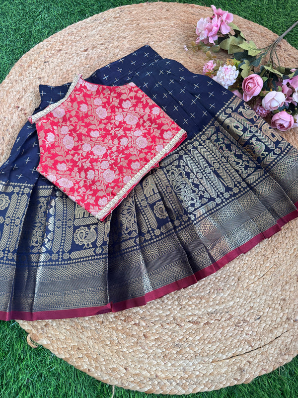 Navy Blue Kallana Skirt And V Neck/Halter Neck Banarsi Blouse : 8" Border Skirt