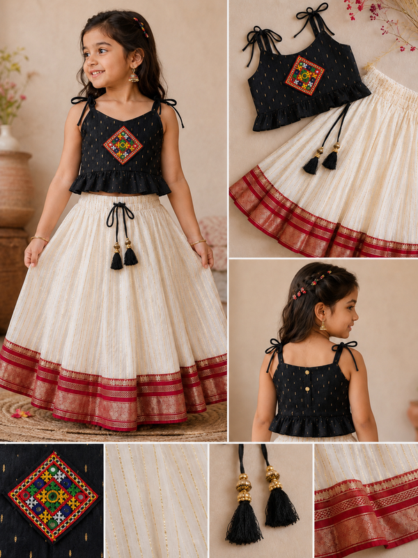 SEMI Silk Bordered Cotton Skirt And SLUB COTTON BLACK PEPPLUM Blouse