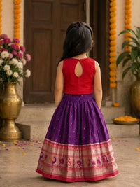 SEMI Silk Bordered Purple Slub Cotton  Skirt And SLUB COTTON Blouse - pocket is not included