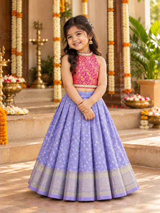 LAVENDER  BANDHINI SKIRT AND BANARSI BLOUSE