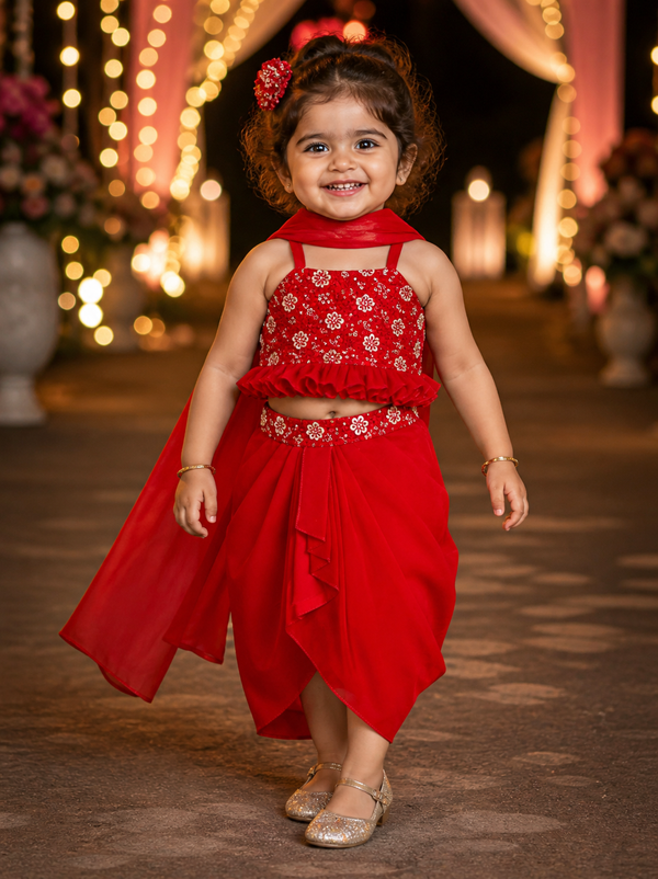 Sequen Embelished Georgette Crop Top & Dhothi Skirt