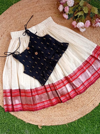 SEMI Silk Bordered Cotton Skirt And SLUB COTTON BLACK PEPPLUM Blouse