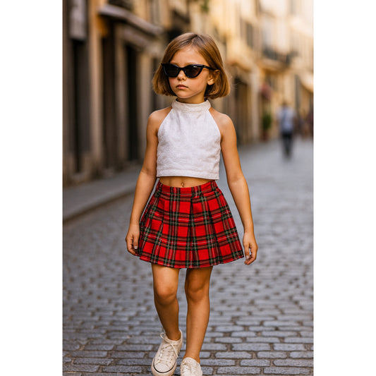 Hakoba Collar Crop Top And Tartan Skirt