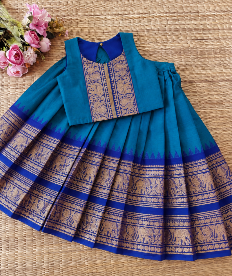 Thick Bordered Purple Kanchi Cotton Skirt And  Blouse