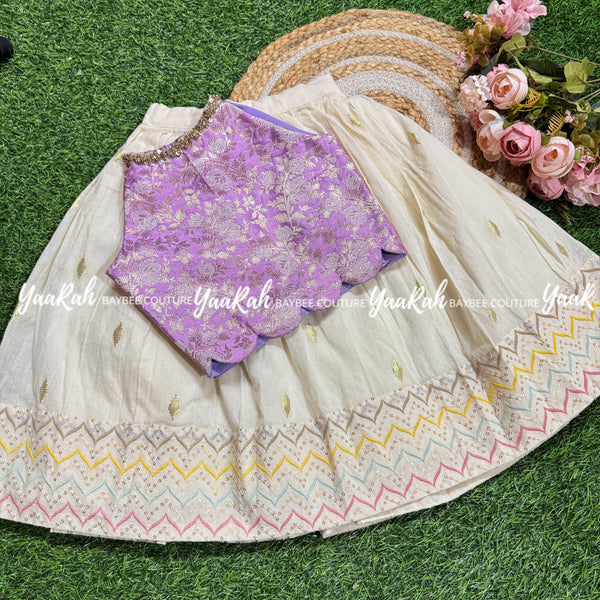 Kora Cotton Diamond Zari Skirt With Zigzag Border And Halter Neck With Lace