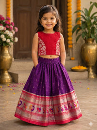 SEMI Silk Bordered Purple Slub Cotton  Skirt And SLUB COTTON Blouse - pocket is not included