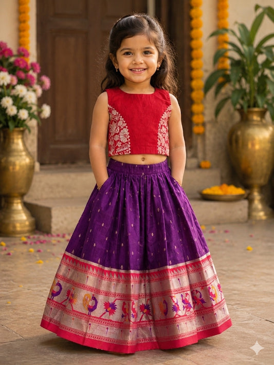 SEMI Silk Bordered Purple Slub Cotton  Skirt And SLUB COTTON Blouse - pocket is not included