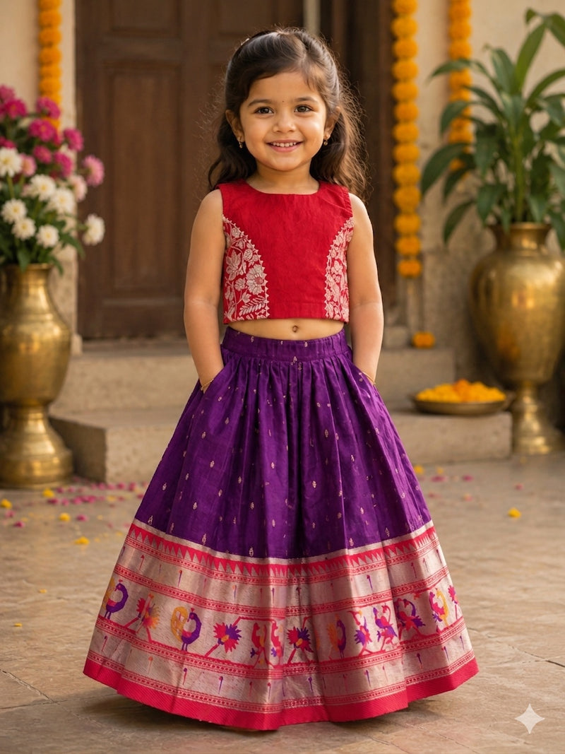SEMI Silk Bordered Purple Slub Cotton  Skirt And SLUB COTTON Blouse - pocket is not included