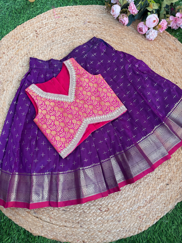 Kallana Skirt And V Neck/Halter Neck Banarsi Blouse : Thin Border Skirt