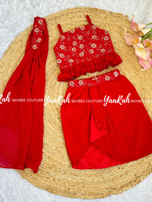 Sequen Embelished Georgette Crop Top & Dhothi Skirt