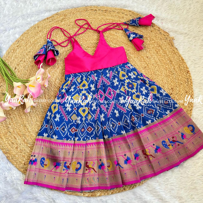 Pink Semi Silk And Blue Ikkath Patola Ethnic Frock