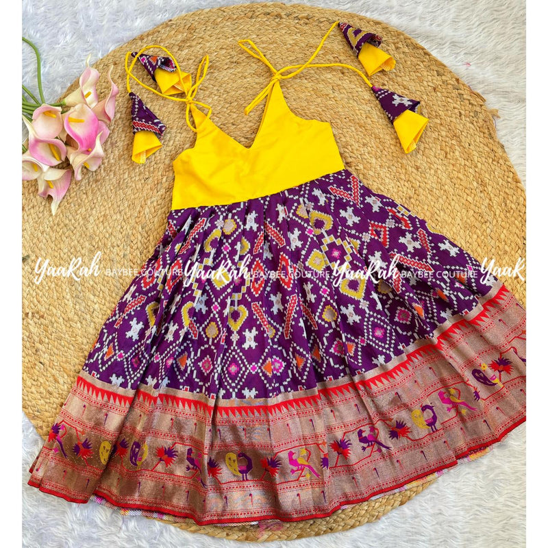 Yellow Semi Silk And Purple Ikkath Patola Ethnic Frock