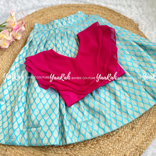 Rani Pink Chiffon Ruffle Top & Banarsi Skirt