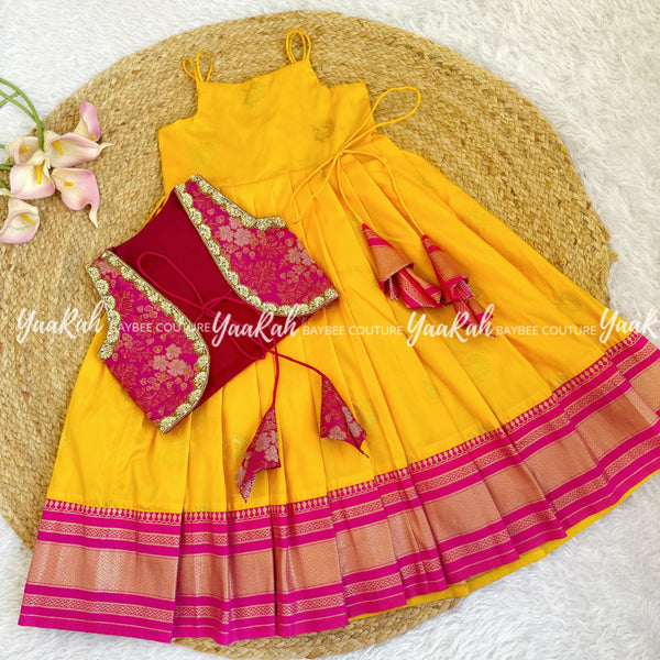 Ethnic Frock With Jacket - Yellow And Pink