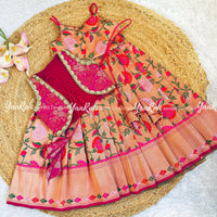 Ethnic Frock With Jacket - Pink Paithani And Hot Pink