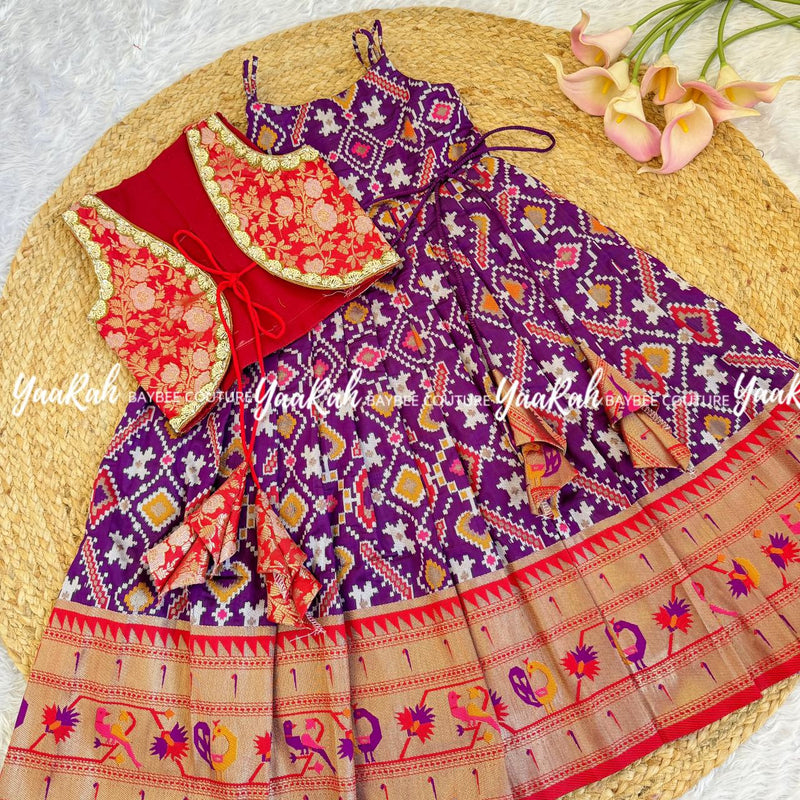 Ethnic Frock With Jacket - Purple Ikkat Patola
